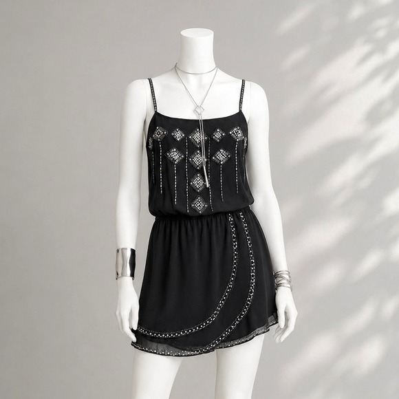 Forever 21 Dresses & Skirts - Forever 21 Black Silver Beaded Sequin Mini Dress L Blouson Goth Party Dress